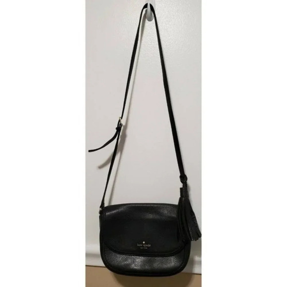 Kate Spade NY Black Pebbled Leather Crossbody Leather Tassel Charm - Picture 1 of 11